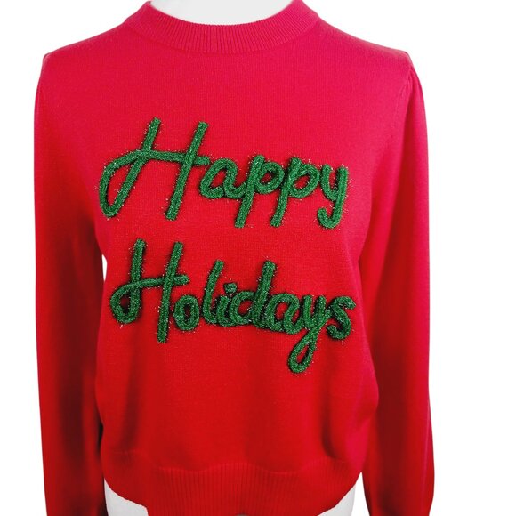 Main Strip Sweaters - Main Strip, Happy Holidays Tinsel Sweater, Red W/ Green SZ MED, Novelty, Festive